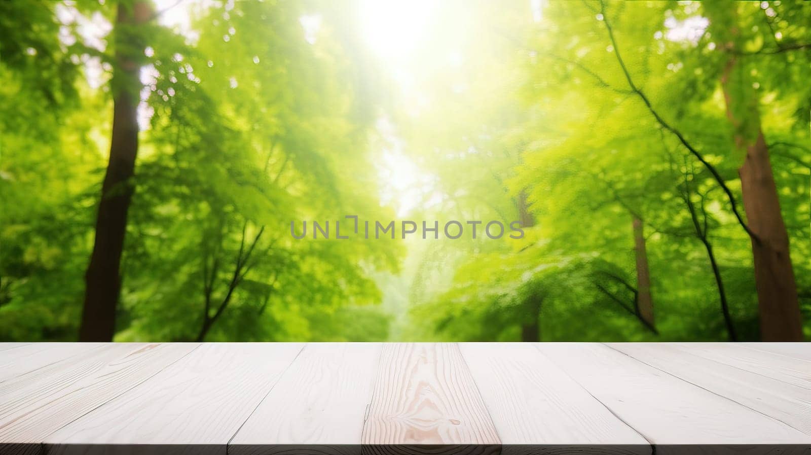 Empty wooden table with blurred green forest background
