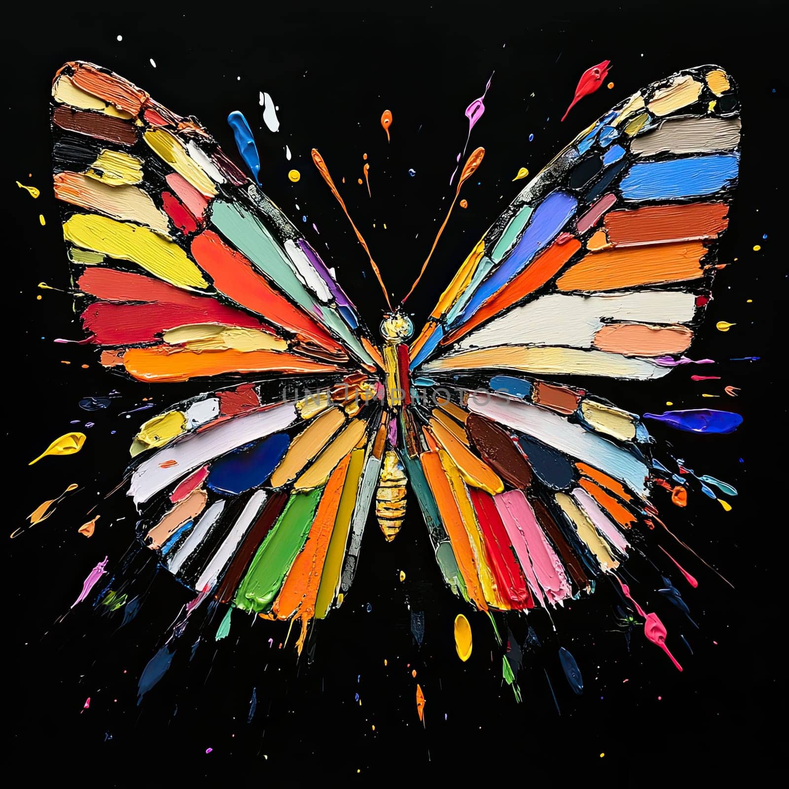The butterfly is represented in an explosion of colors, with distinct brush strokes highlighting the wings’ symmetry and beauty against a dark backdrop, exemplifying creativity.