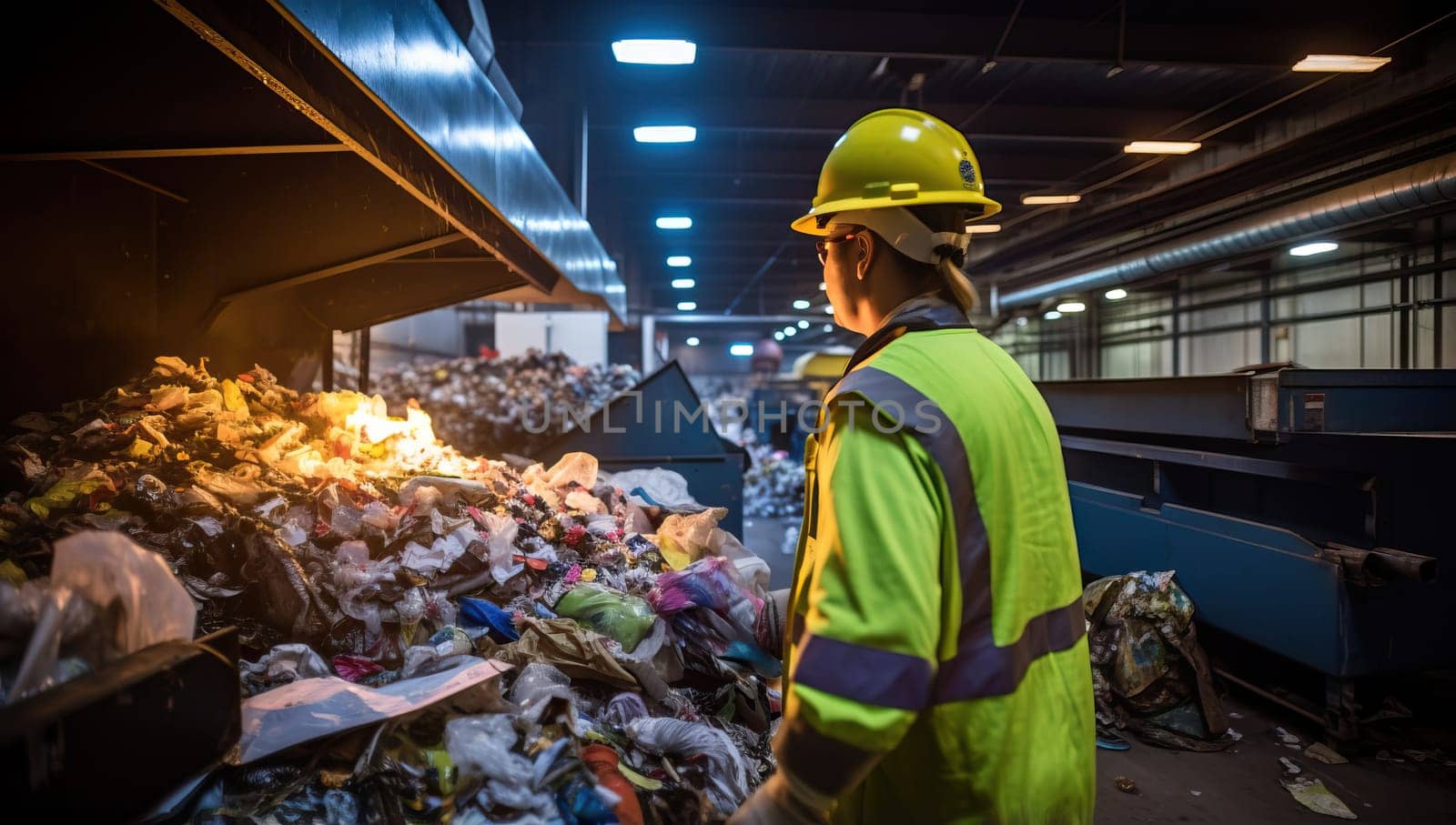 Waste management worker monitoring trash incineration in recycling plant