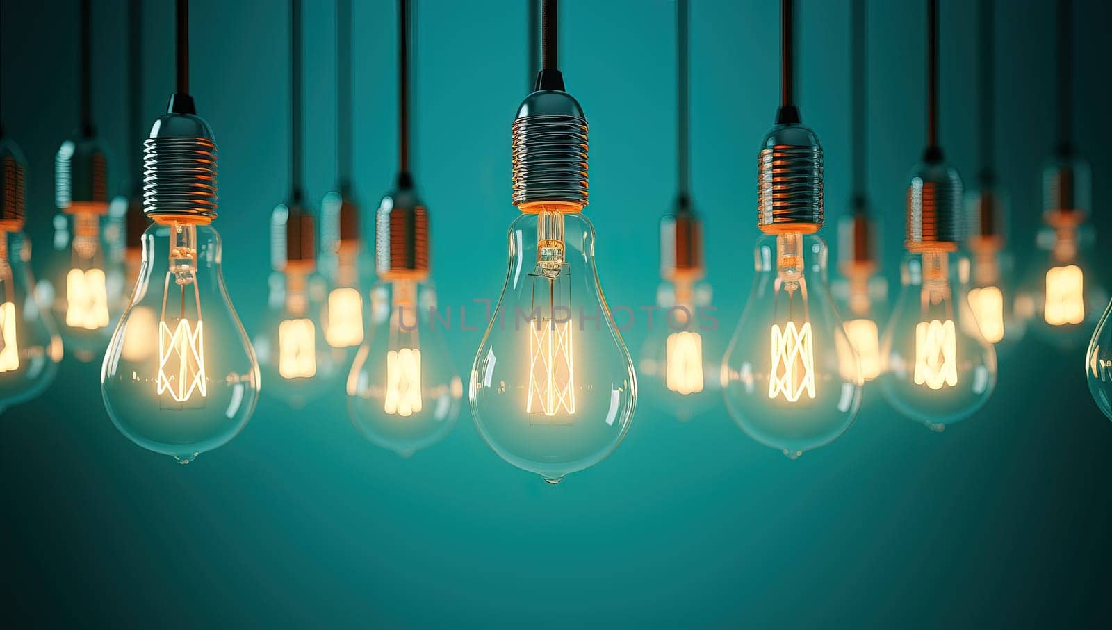 Row of glowing light bulbs on a teal background representing new ideas and inspiration
