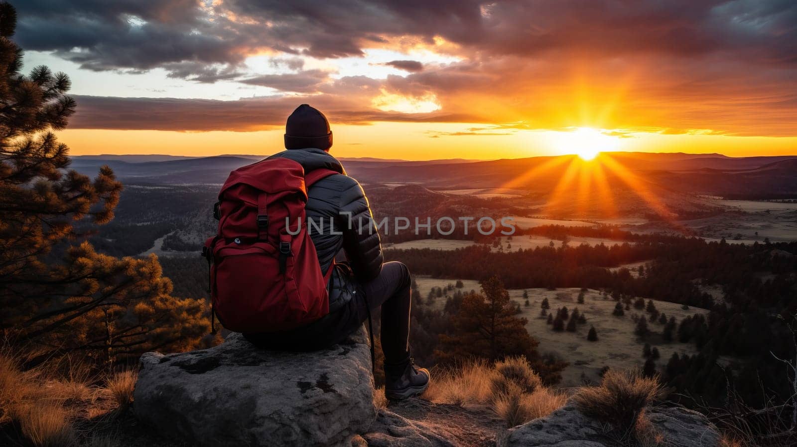 Hiker watching scenic mountain sunset view