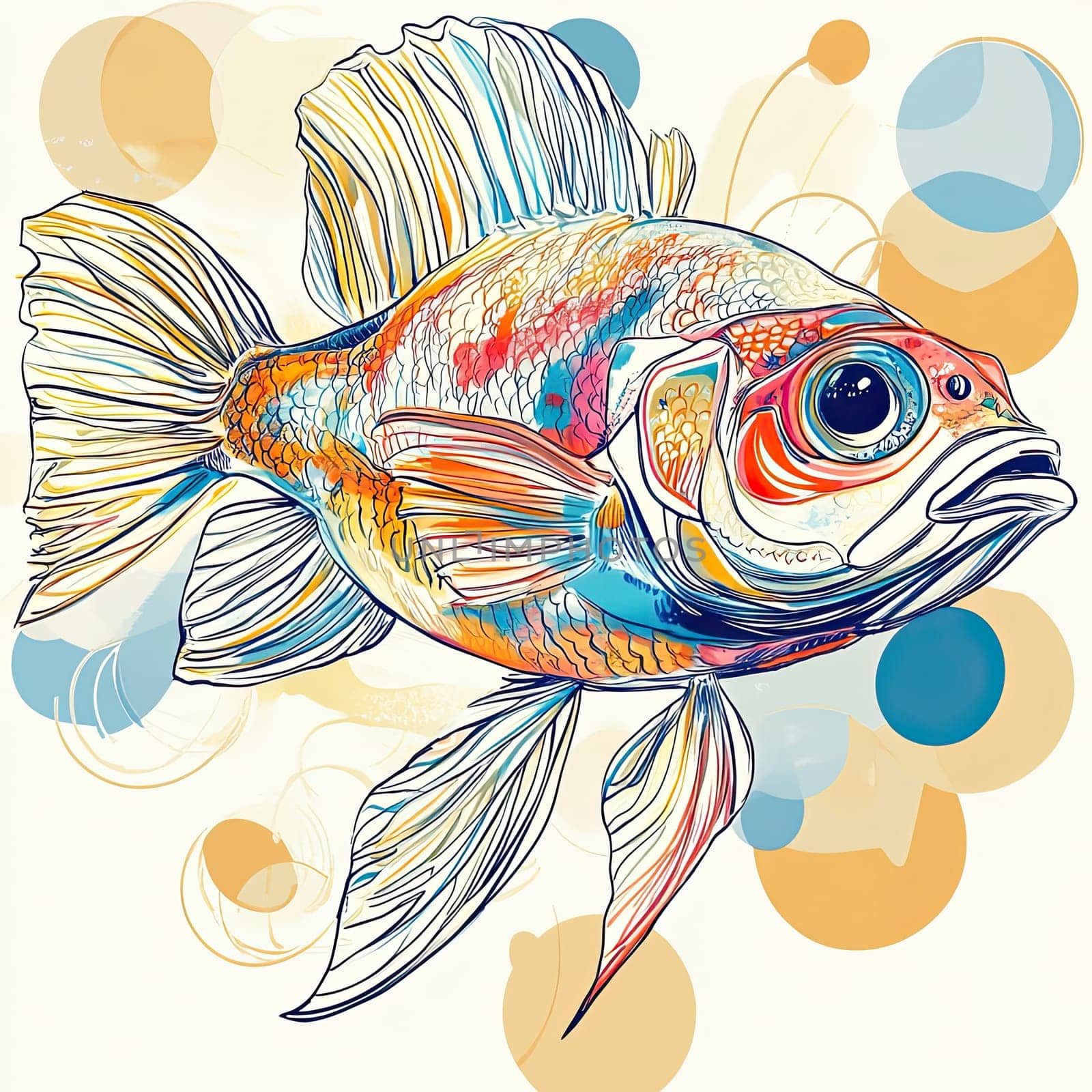 The artwork features a detailed representation of a goldfish highlighted by bold colors, set against a backdrop of soft, abstract shapes that enhance its beauty.