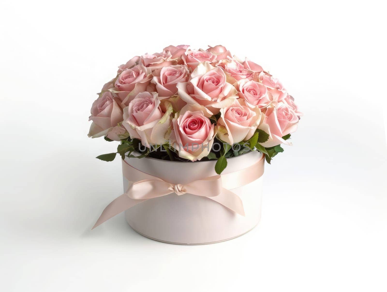 The delicate bouquet showcases vibrant pale pink roses surrounded by lush green leaves, elegantly placed in a soft pink container on a weathered wooden surface.