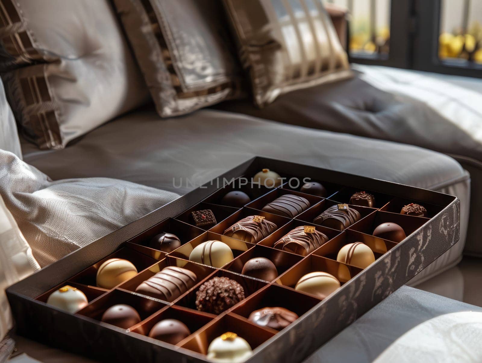A luxurious box filled with assorted chocolates is placed on a velvet couch, illuminated by soft afternoon light, creating a warm and inviting atmosphere.