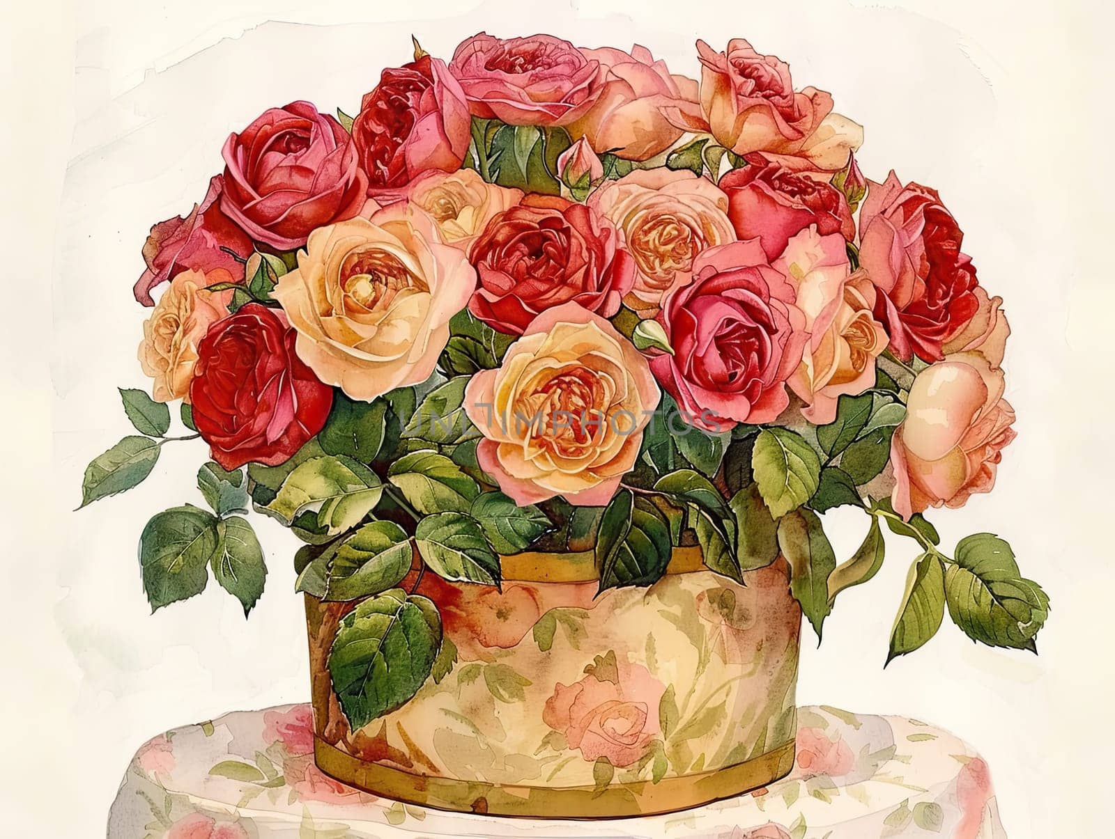 A vibrant arrangement of pink roses in a rustic brown vase surrounded by lush green leaves showcases the beauty of springtime flowers and adds a touch of elegance to any decor.