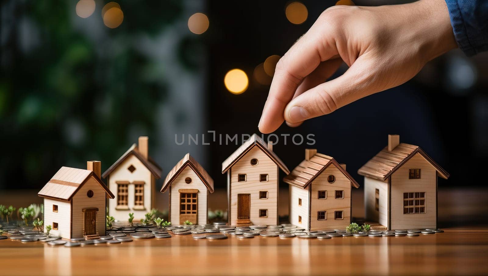 Hand Choosing Miniature Wooden House From Row. Real Estate, Property Investment Concept