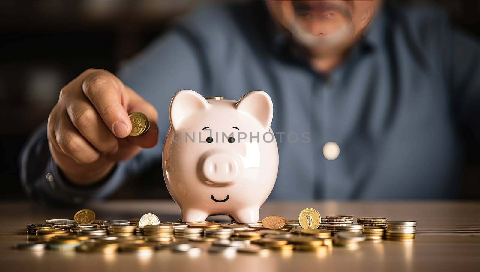 Senior man saving money, putting coins into piggy bank. Concept of retirement, investment, finance, and savings.