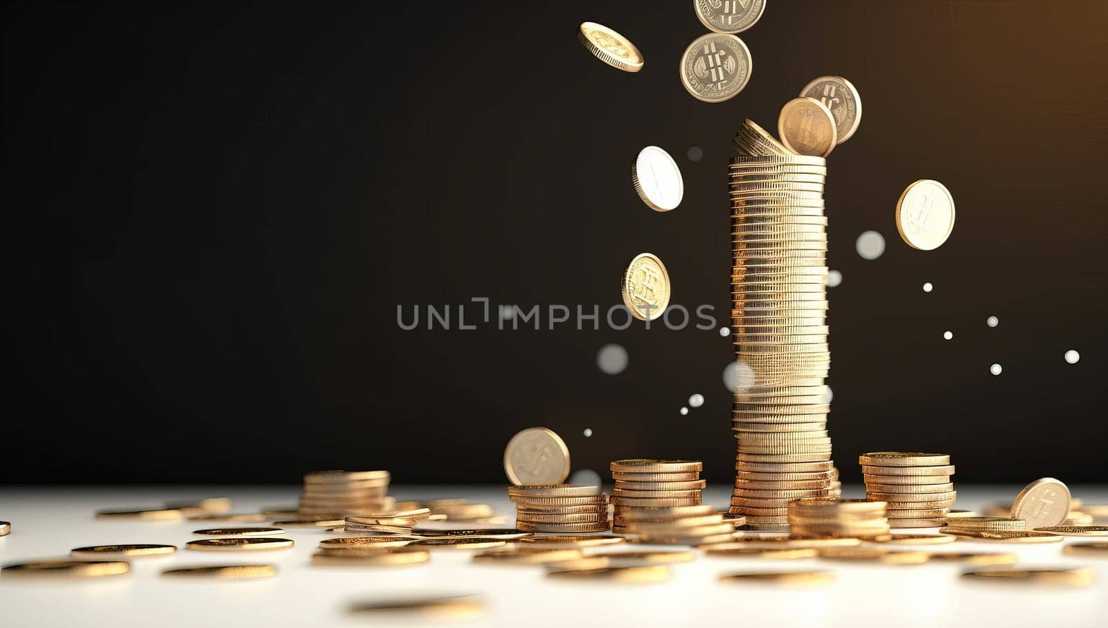 Stack of gold coins falling and rising on a black background. Concept of investment, business, finance, saving, and growth.
