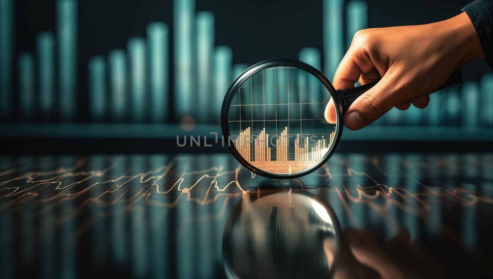 Business analysis concept. Hand with magnifying glass analyzing financial chart data on virtual screen.
