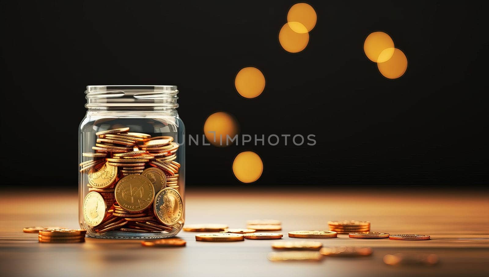 Glass jar with golden coins on wooden table. Saving money, investment and finance concept.