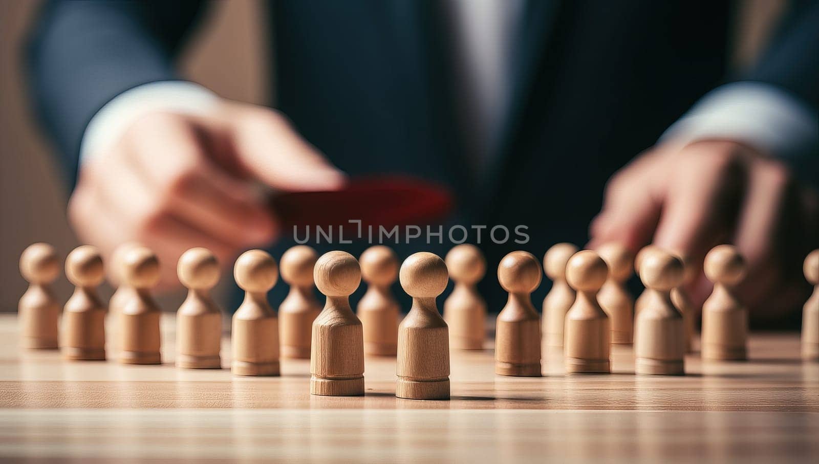 Businessman hands arranging wooden figures, concept of leadership, teamwork, and human resources management.