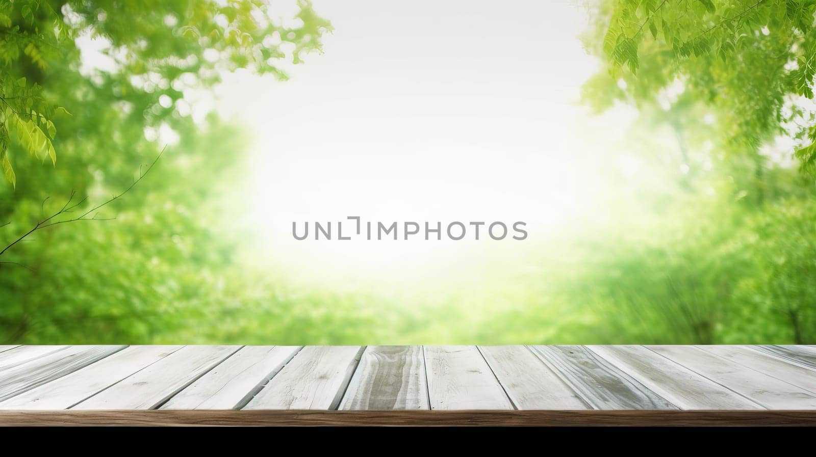 Empty wooden table with blurred green leaves background. Spring or summer backdrop for product display.