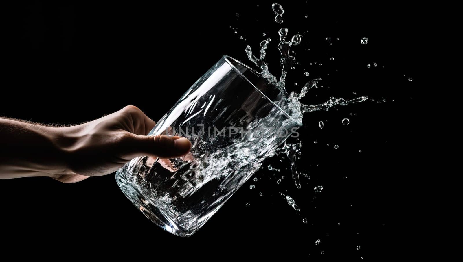 Hand holding glass of water with splash on black background. Refreshing, thirst, purity concept.