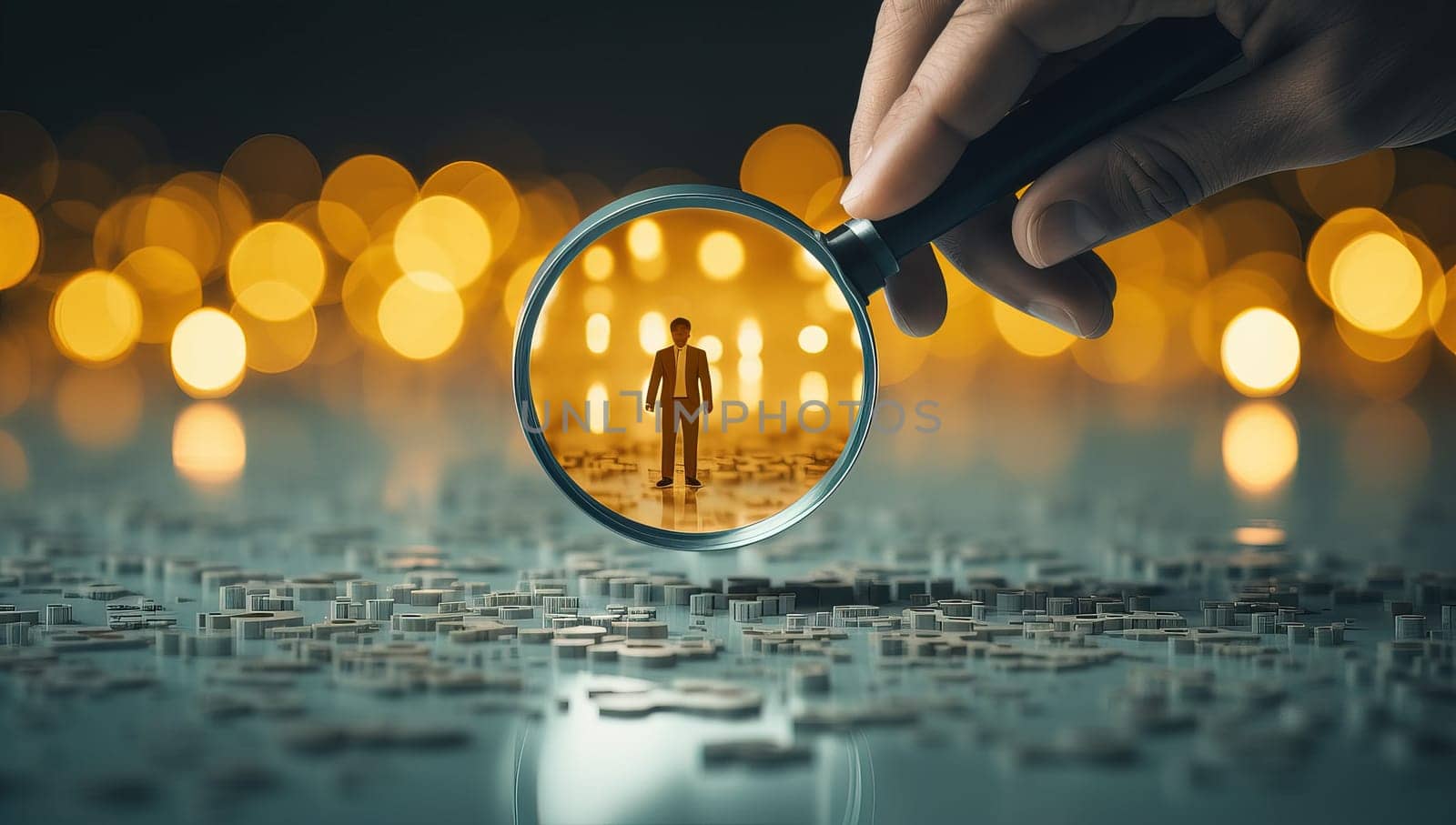 Hand with magnifying glass searching for candidate. Recruitment, employment, human resources concept.