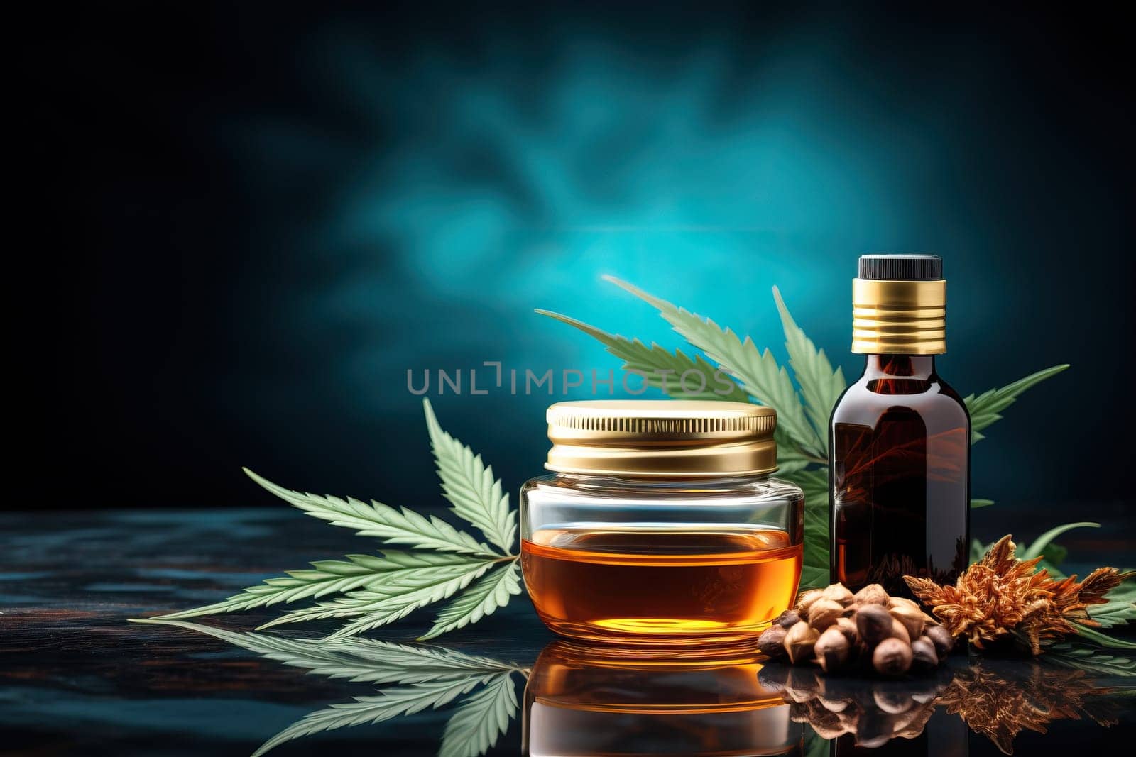 Cannabis oil in bottles with hemp leaves and seeds on black reflective surface. Concept of natural medicine, alternative therapy, and herbal remedy.