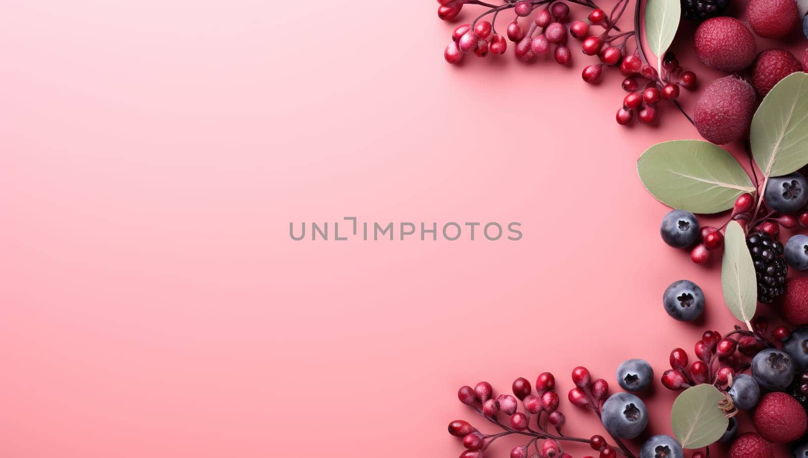 Red berries and fruits border on pink background with copy space. Flat lay, top view.