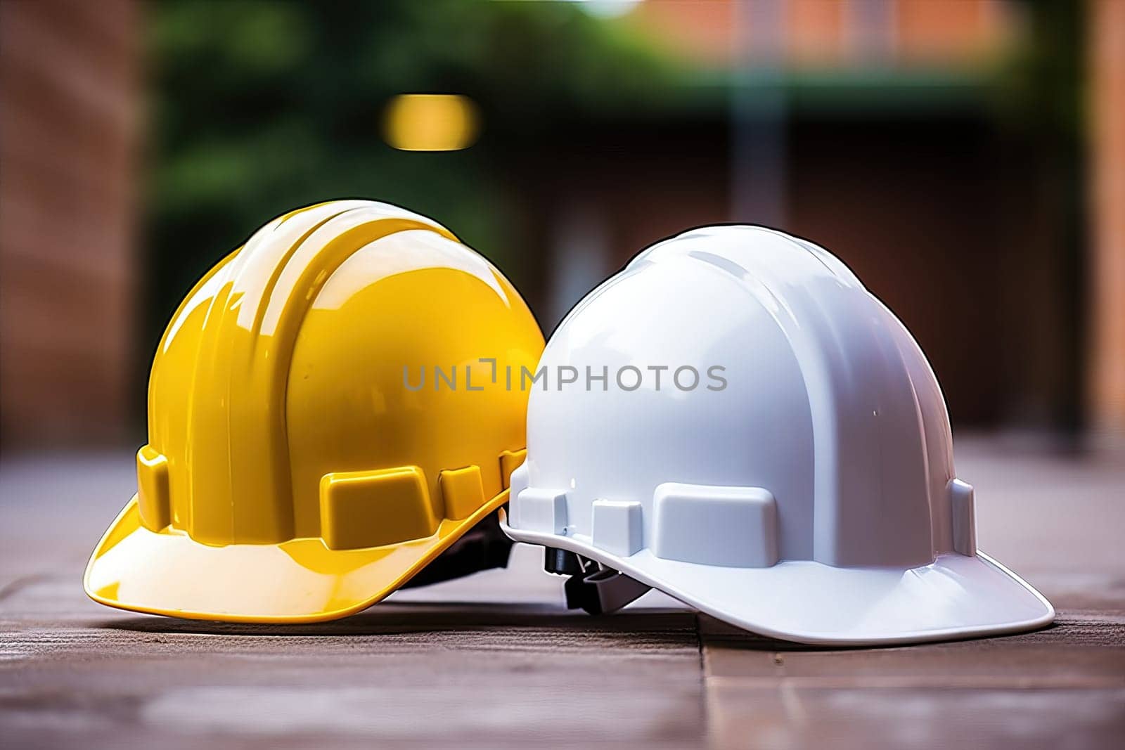 Yellow and white hard hats on construction site, safety at work concept