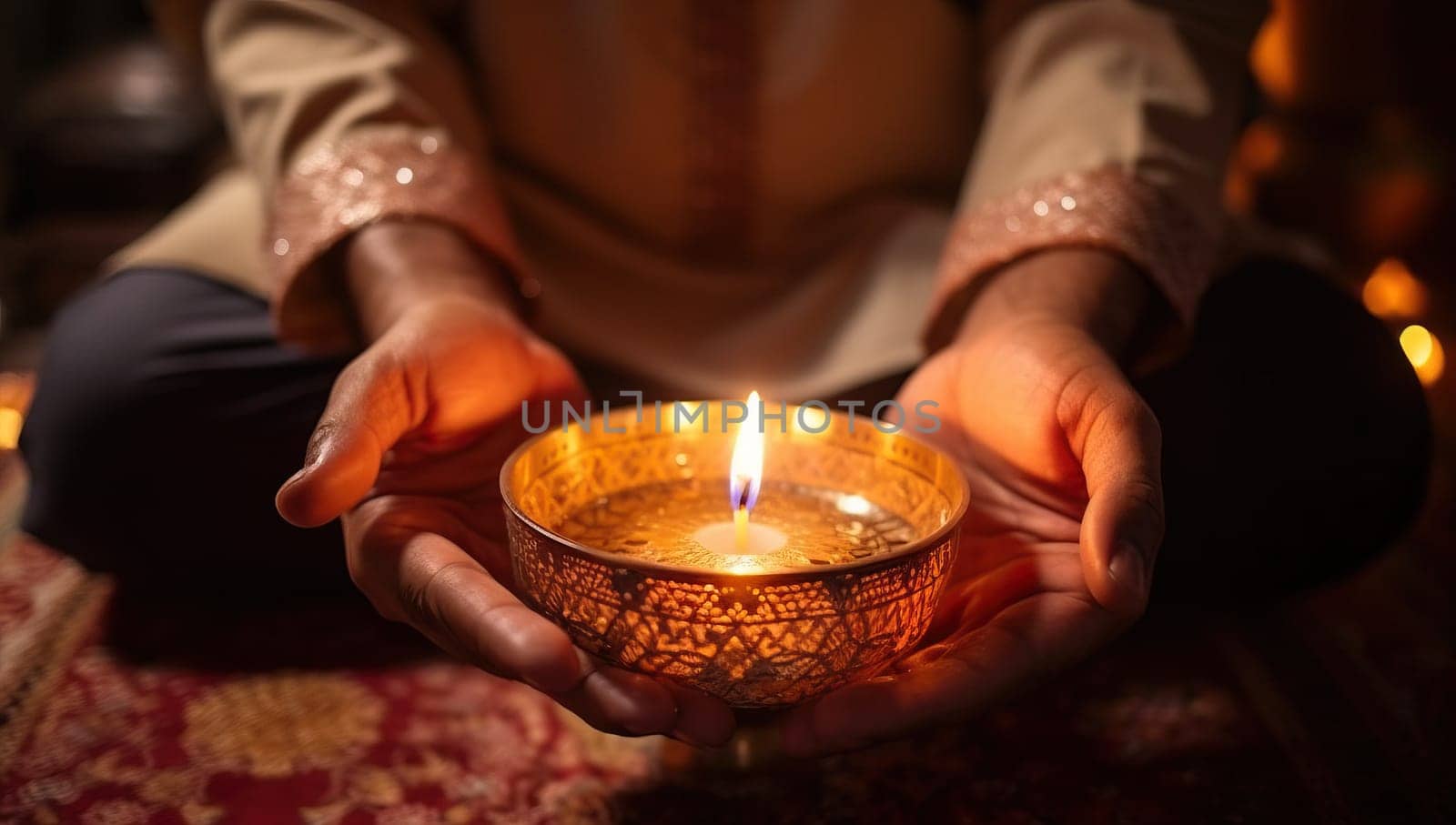 Hands holding traditional decorative oil lamp with flame, symbolic of cultural and religious rituals