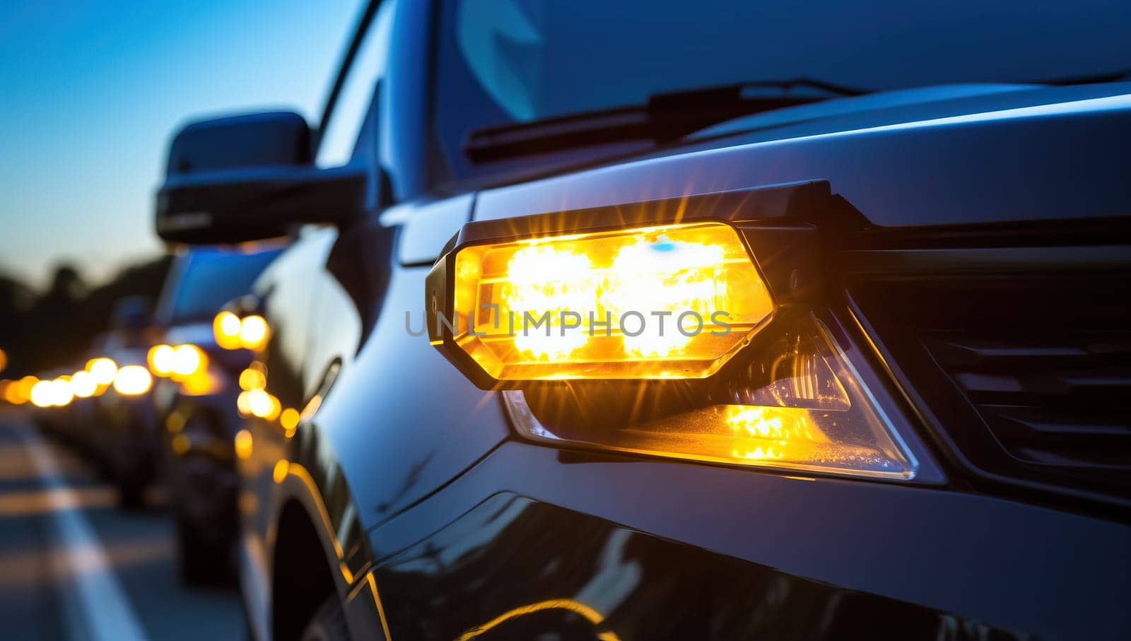 Car headlights shining in traffic jam at dusk. Concept of transportation, rush hour, and automotive.