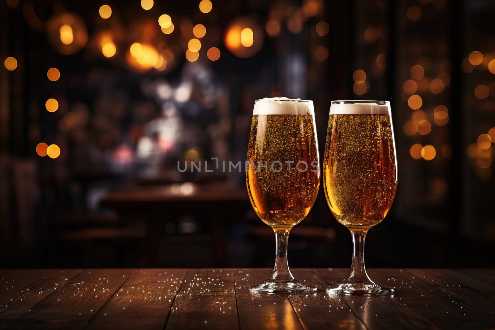 Two glasses of cold beer on a wooden table in a pub with bokeh lights. Concept of celebration, friendship, and relaxation.