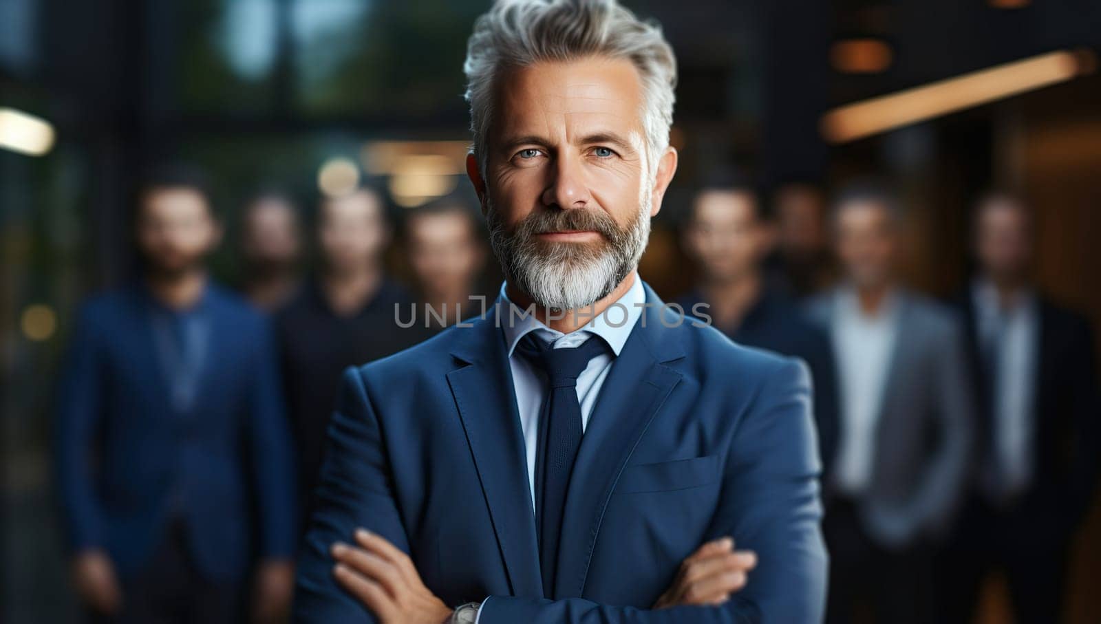 Portrait of a confident mature businessman in suit with his team in the background.