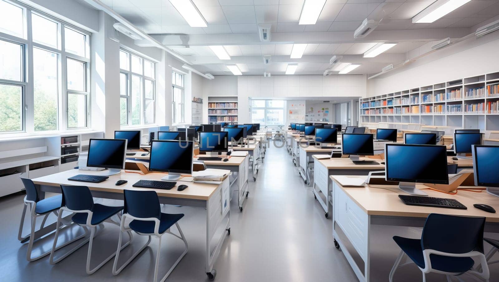 Modern computer lab in school or university. Bright classroom for e learning and technology education.
