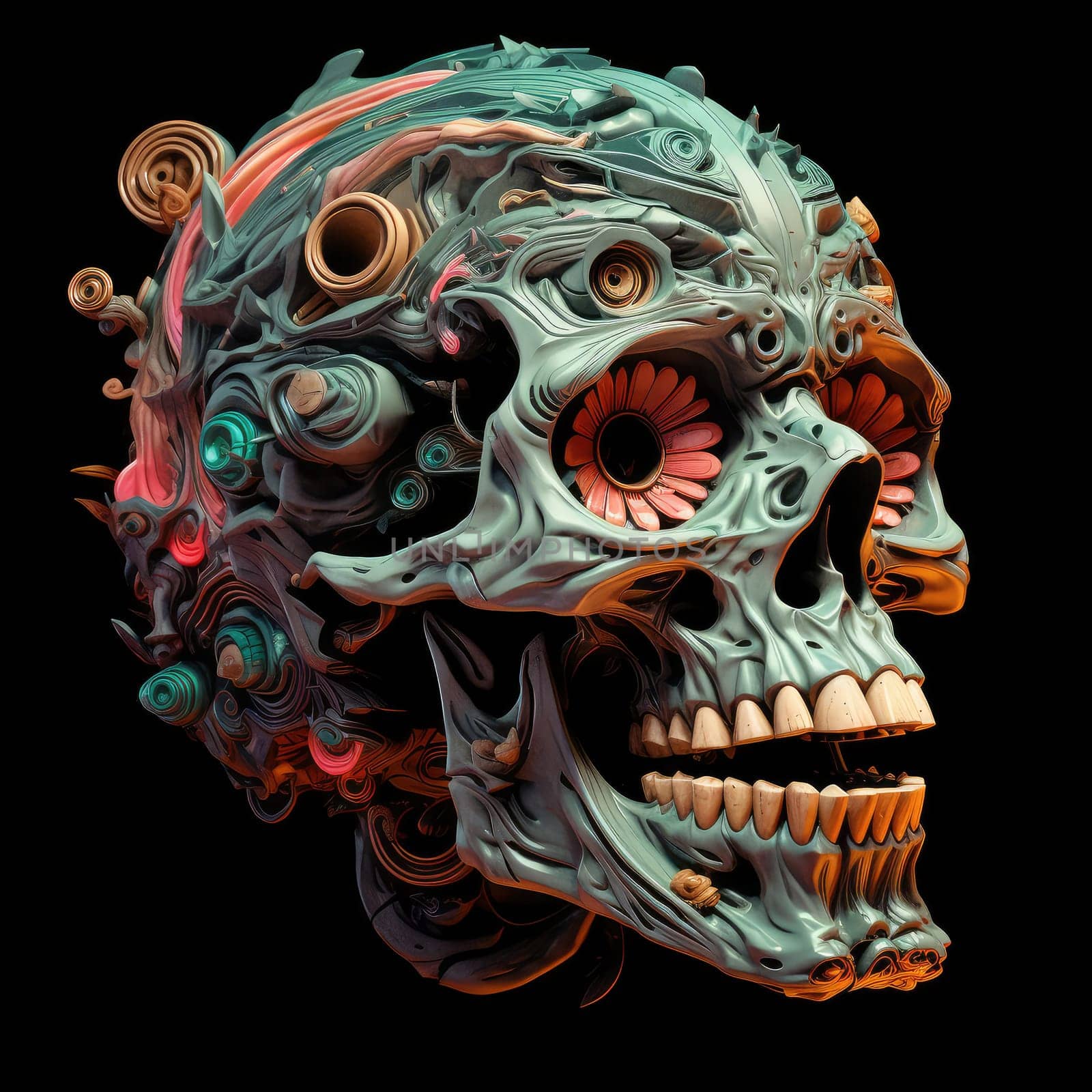 An abstract psychedelic image of a skull. A detailed cybernetic skull, part skeleton, part machine. Graphic design element. Template for sticker, poster, t-shirt print, etc.