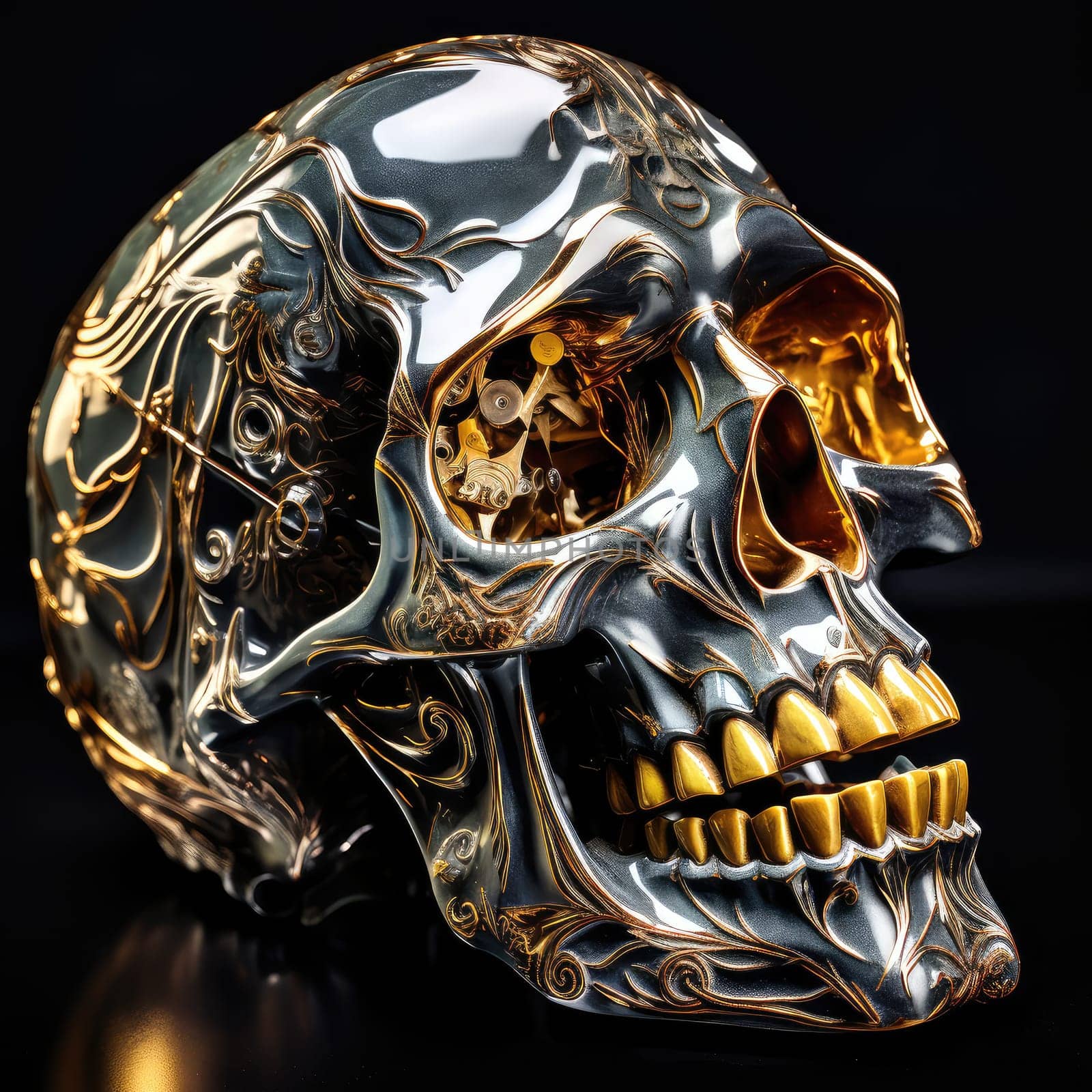 An abstract psychedelic image of a skull. A detailed cybernetic skull, part skeleton, part machine. Graphic design element. Template for sticker, poster, t-shirt print, etc.