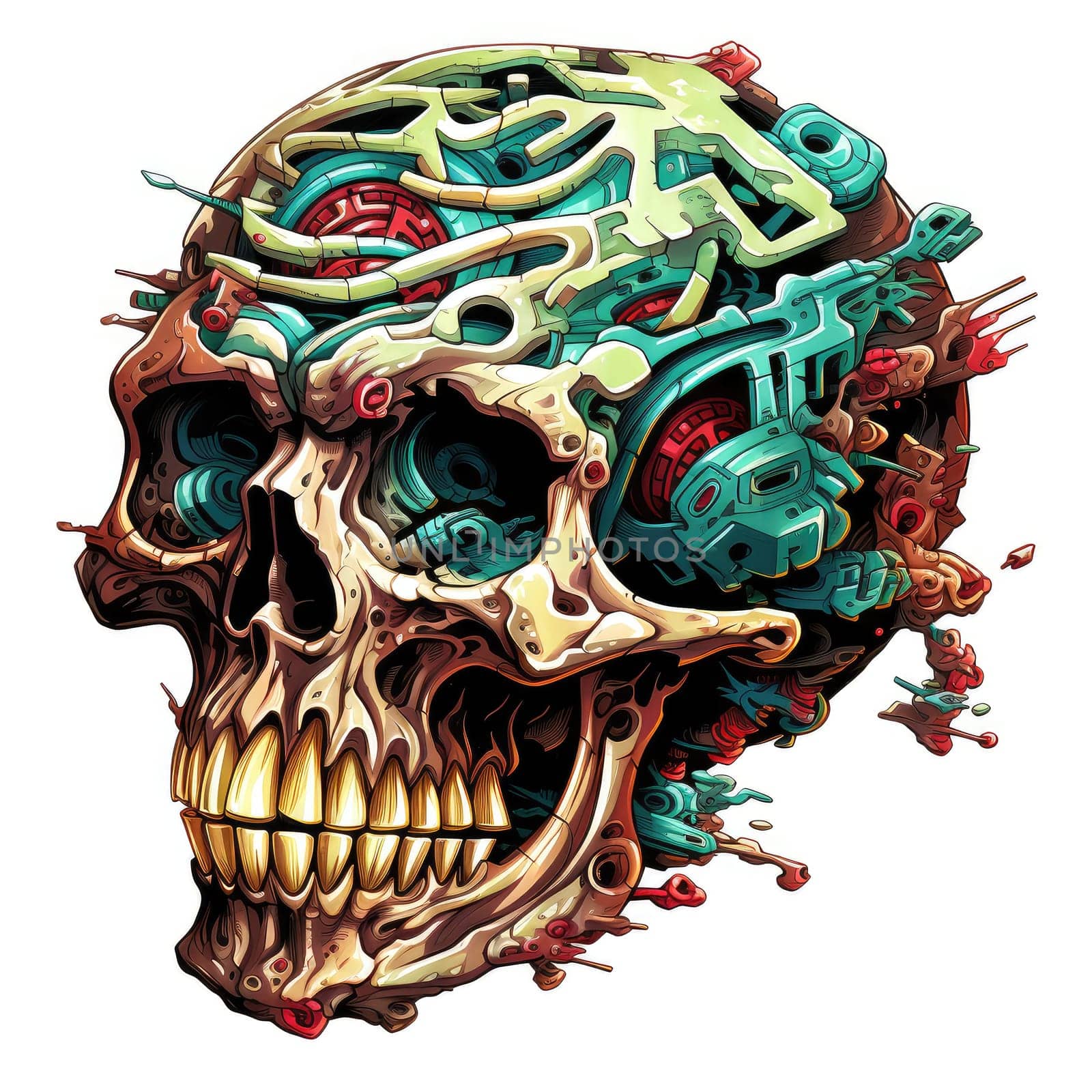 An abstract psychedelic image of a skull. A detailed cybernetic skull, part skeleton, part machine. Graphic design element. Template for sticker, poster, t-shirt print, etc.