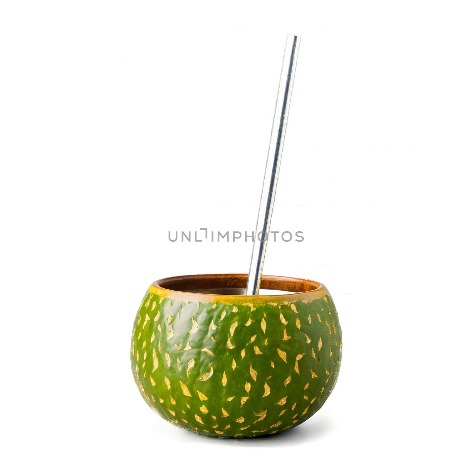 Rustic hand carved gourd mate cup with a silver bombilla straw filled with a vibrant. Drink isolated on transparent background