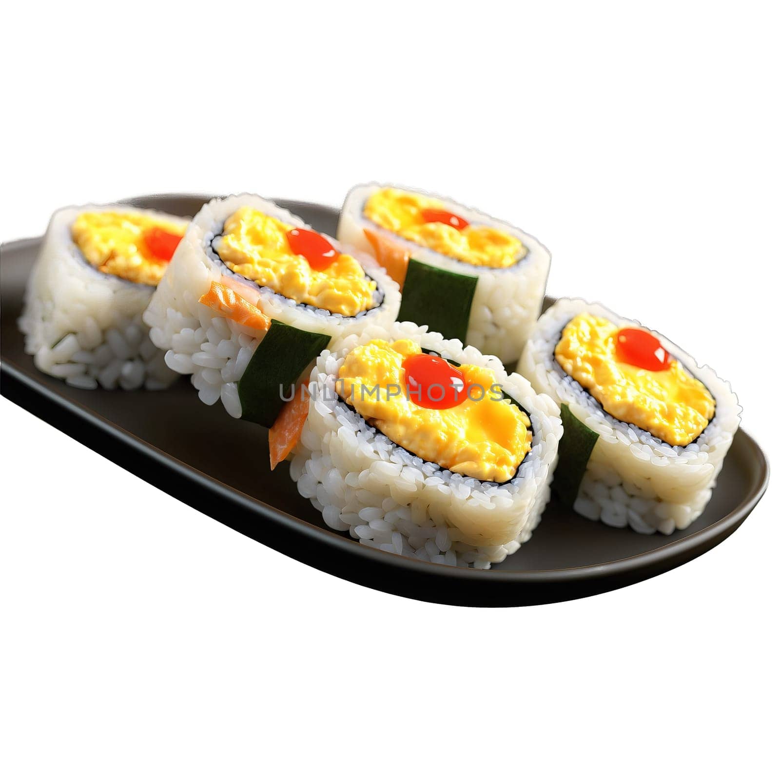 Breakfast sushi rolls with sushi rice wrapped around scrambled eggs sausage and cheddar cheese served. close-up food, isolated on transparent background