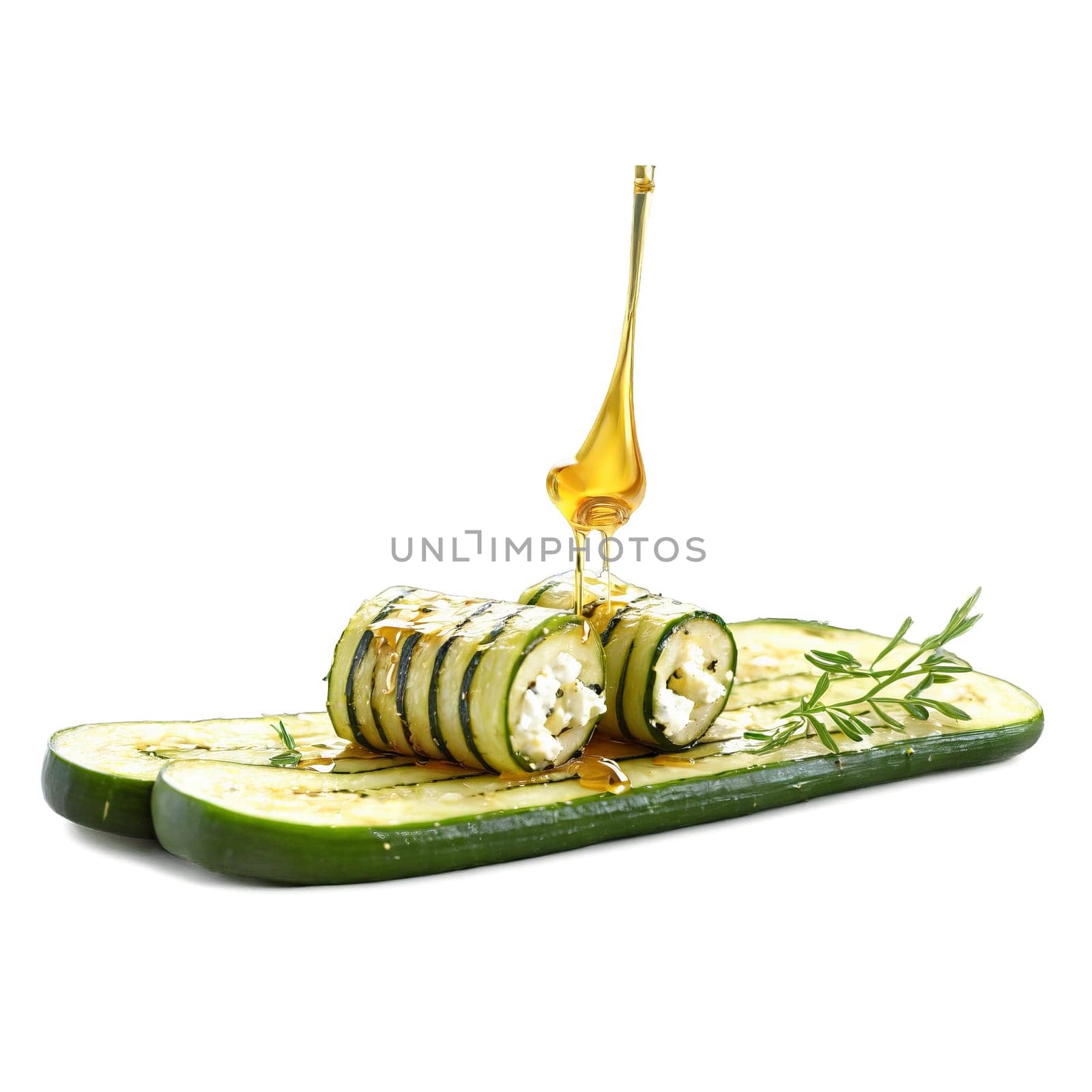 Grilled zucchini and goat cheese rolls with a drizzle of honey and a sprinkle of. close-up food, isolated on transparent background