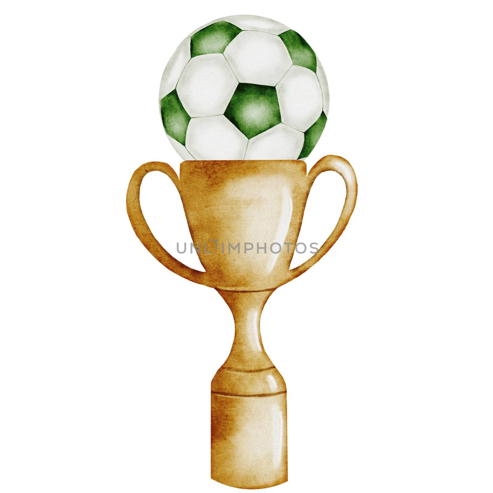 Football watercolor. Hand drawn composition of a trophy cup and a soccer ball. Clip art of championship equipment on isolated white background. Ideal for posters, flyers and game posters. High quality illustration