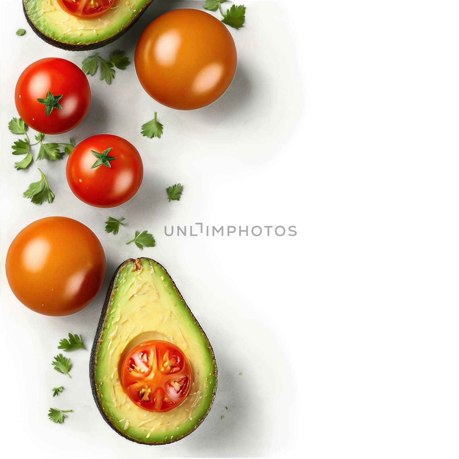 Grilled avocado salad elements above prepared bowl grilled avocado halves cherry tomatoes and fresh cilantro. Food isolated on transparent background.