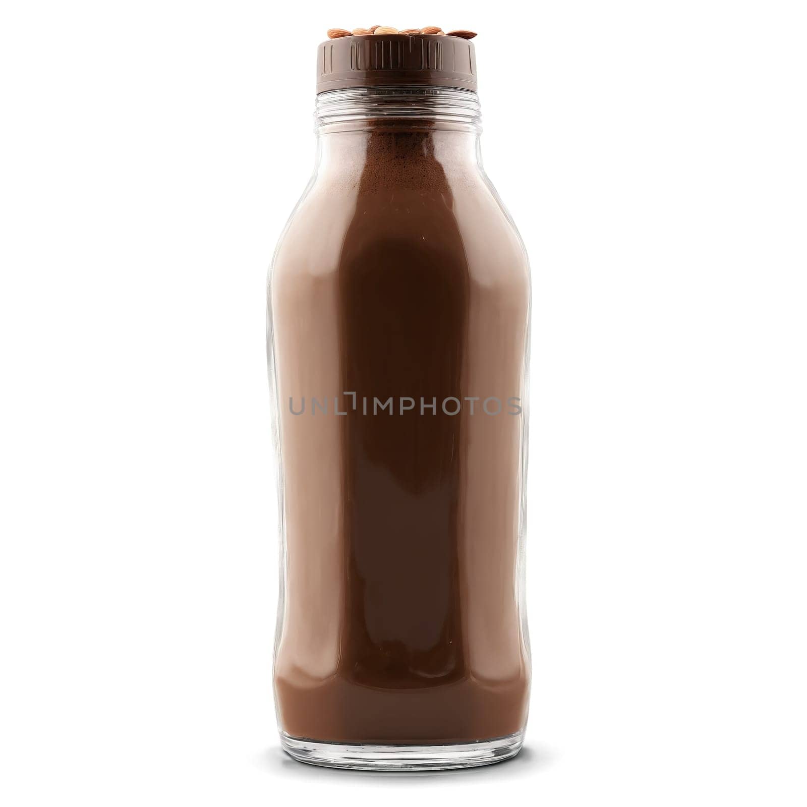 Protein shake with chocolate powder and almonds exploding from shaker bottle Food and culinary concept. Food isolated on transparent background.