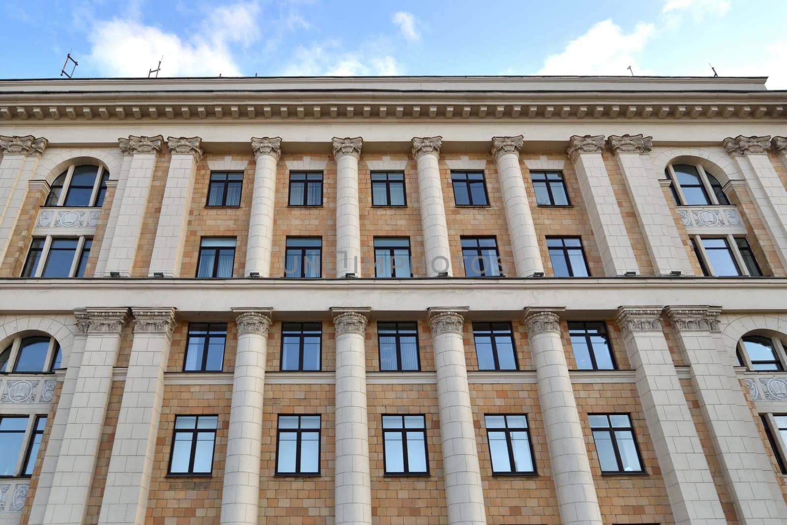 Moscow, Russia - Aug 3. 2024. Financial University - Stalinist architectural building of the USSR on Leningradsky Prospekt