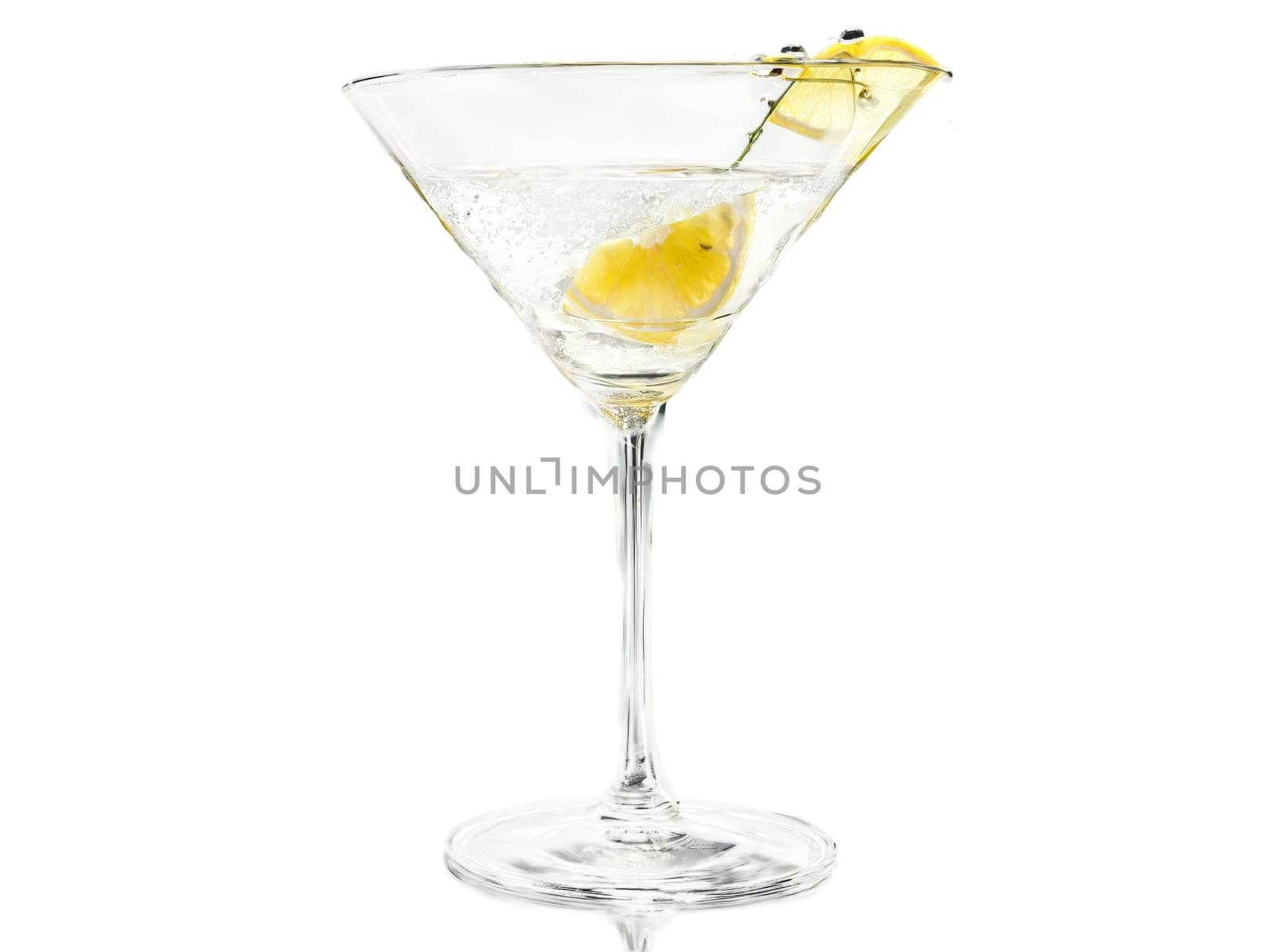 Vesper A chic martini glass with clear sparkling liquid lemon twist and ingredients like gin. Drink isolated on transparent background.