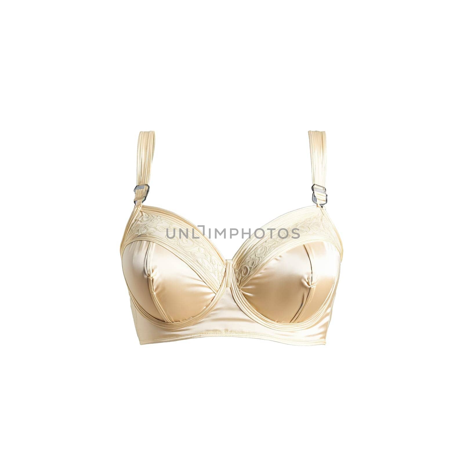 Vintage satin bullet bra with spiral stitching twirling retro style antique ivory hue classic pinup. Woman lingerie isolated on transparent background.