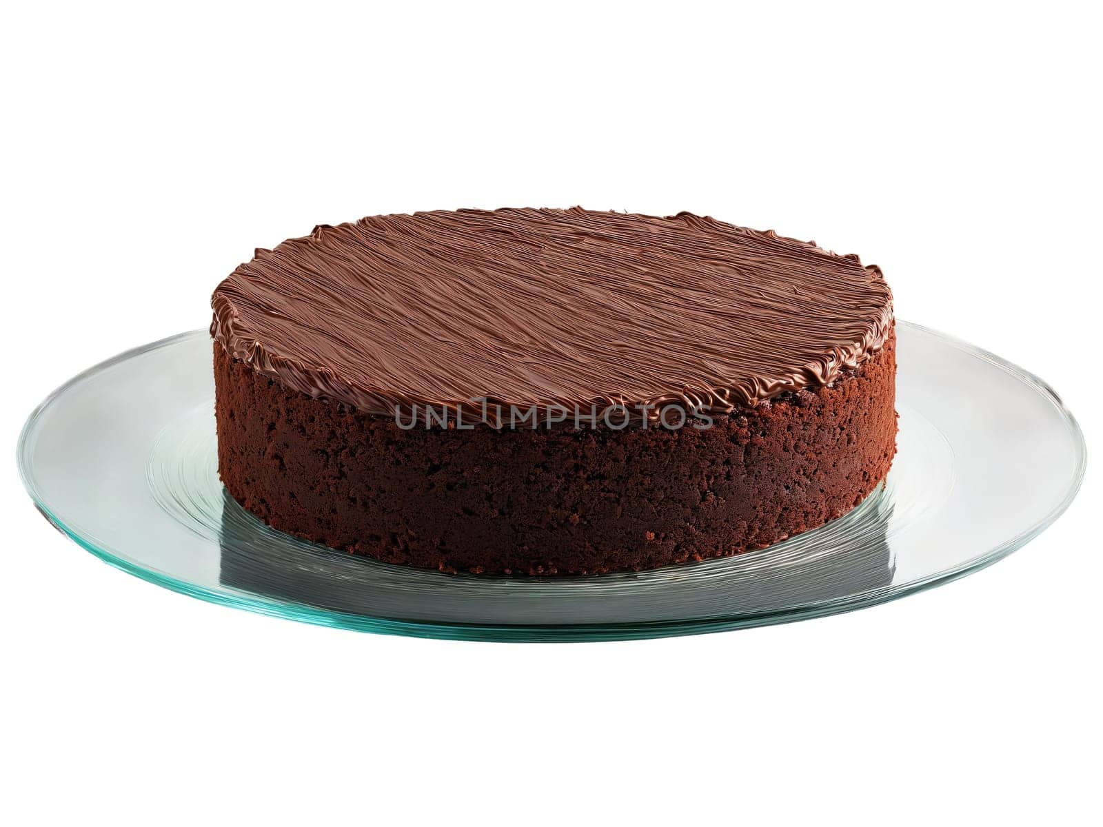 Cake flourless chocolate cake with a velvety texture served on a transparent glass stand rich. Food isolated on transparent background.