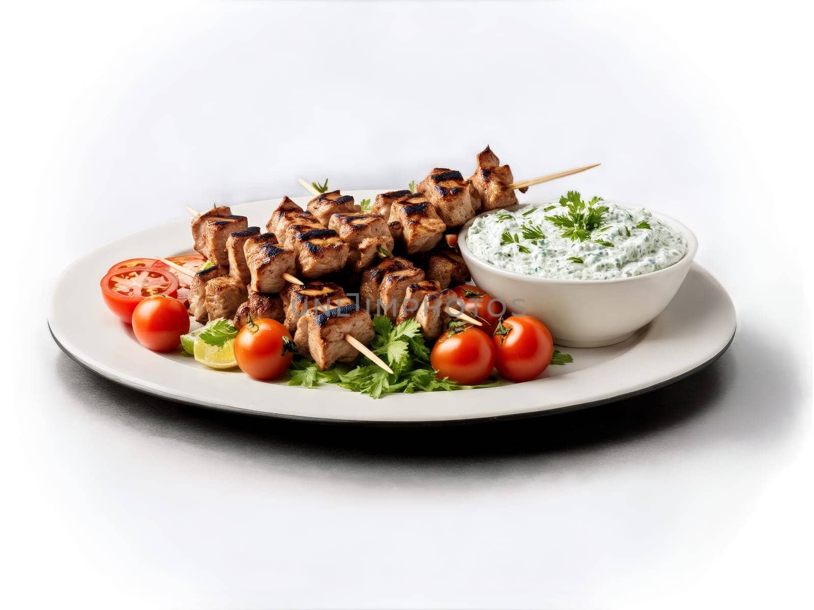 Souvlaki Skewers of tender marinated pork or chicken chunks chargrilled to perfection served with vibrant. Food isolated on transparent background.