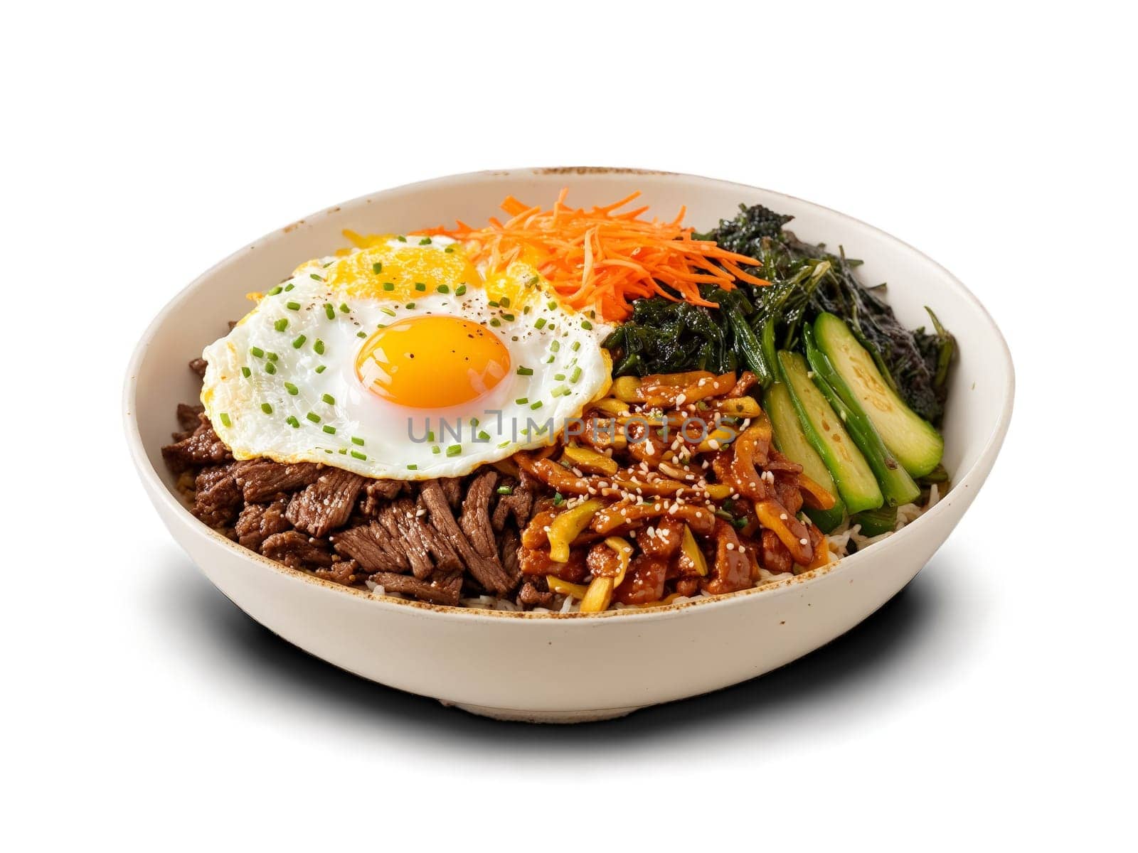 Bibimbap colorful Korean rice bowl topped with sautéed vegetables gochujang sauce fried egg. Food isolated on transparent background