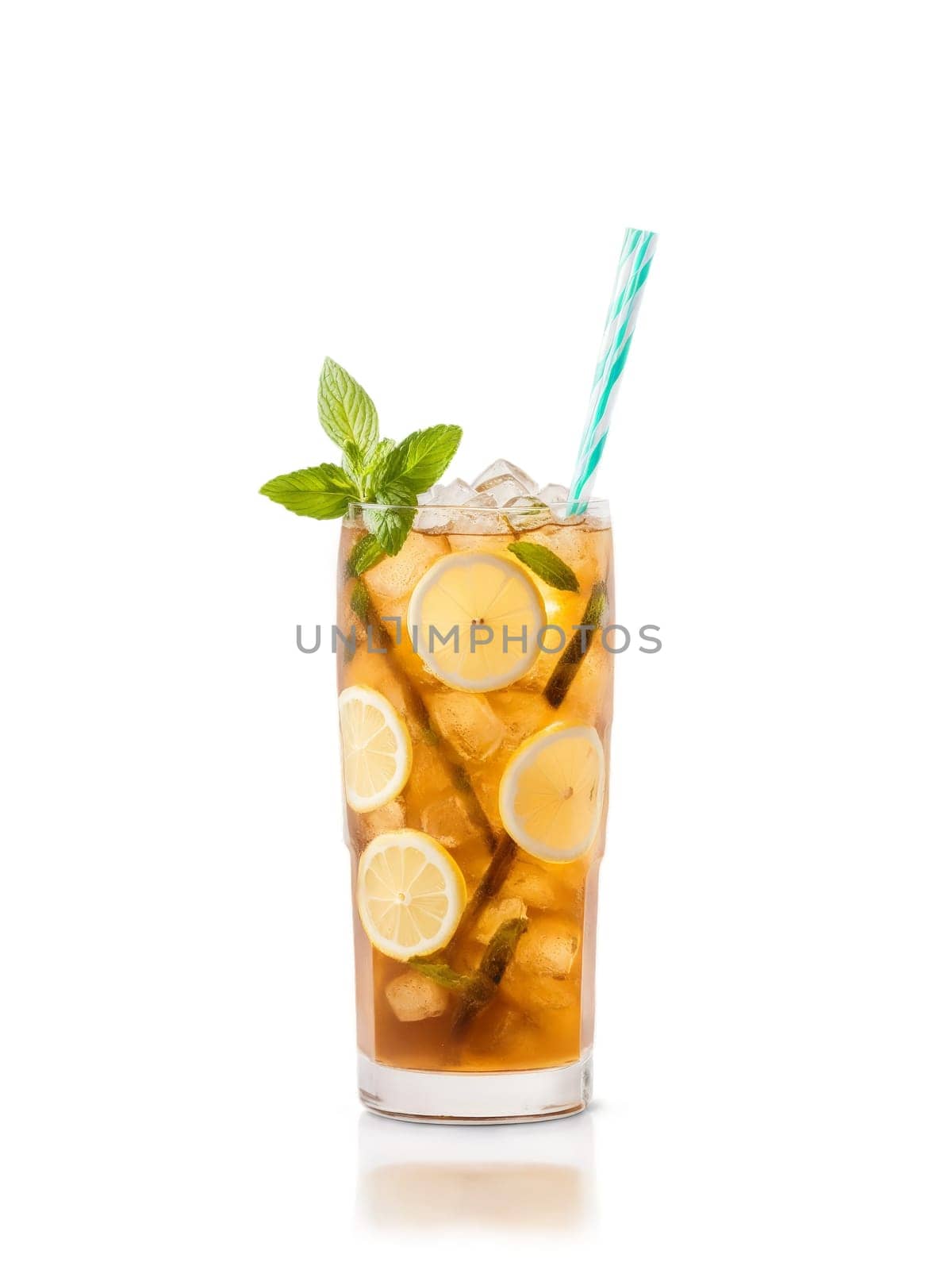 Long Island Iced Tea with slice of lemon and sprig of mint in tall glass. Drink isolated on transparent background.