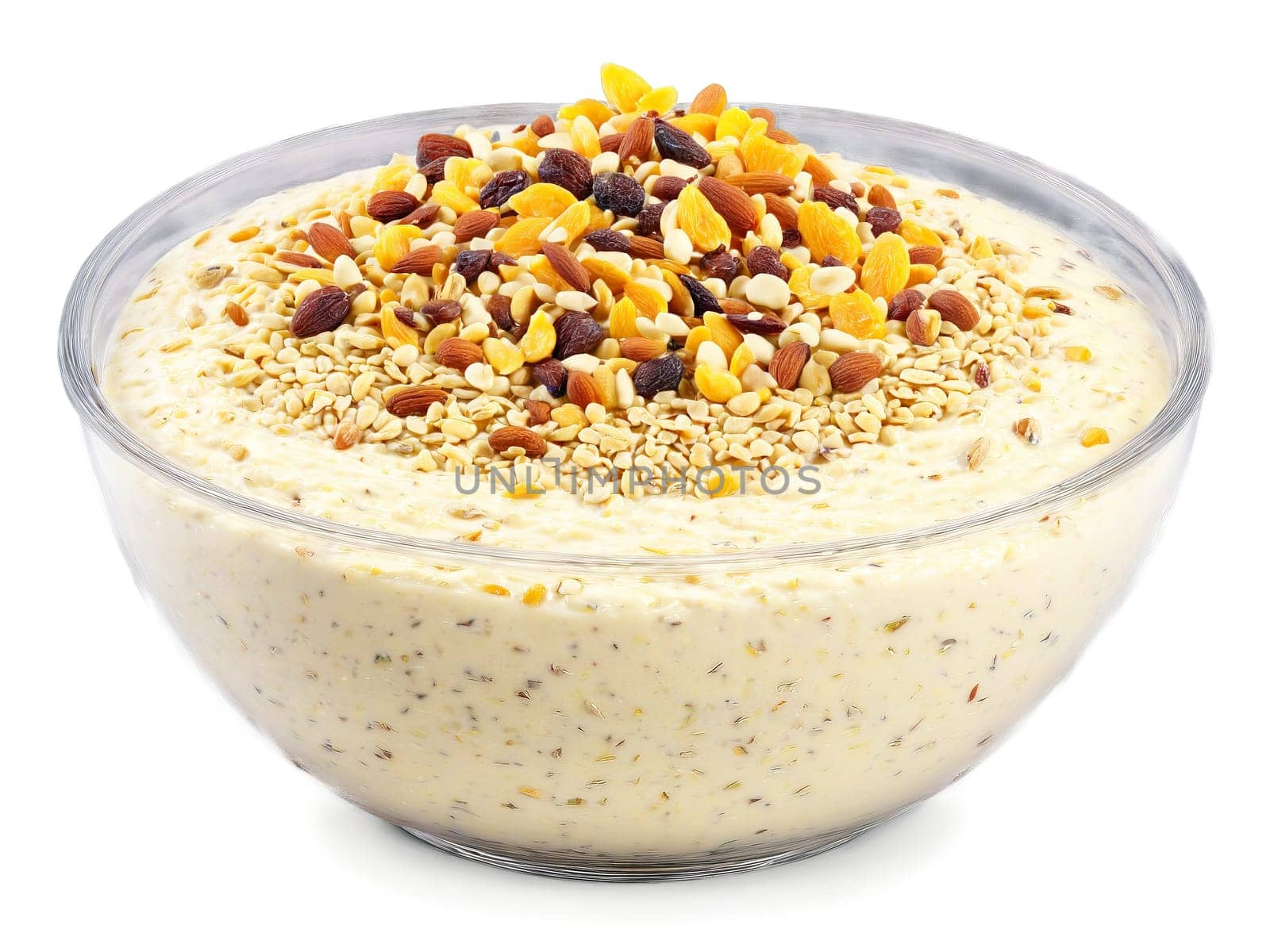 Kheer with Dry Fruits Creamy kheer garnished with an assortment of dry fruits served. Food isolated on transparent background.