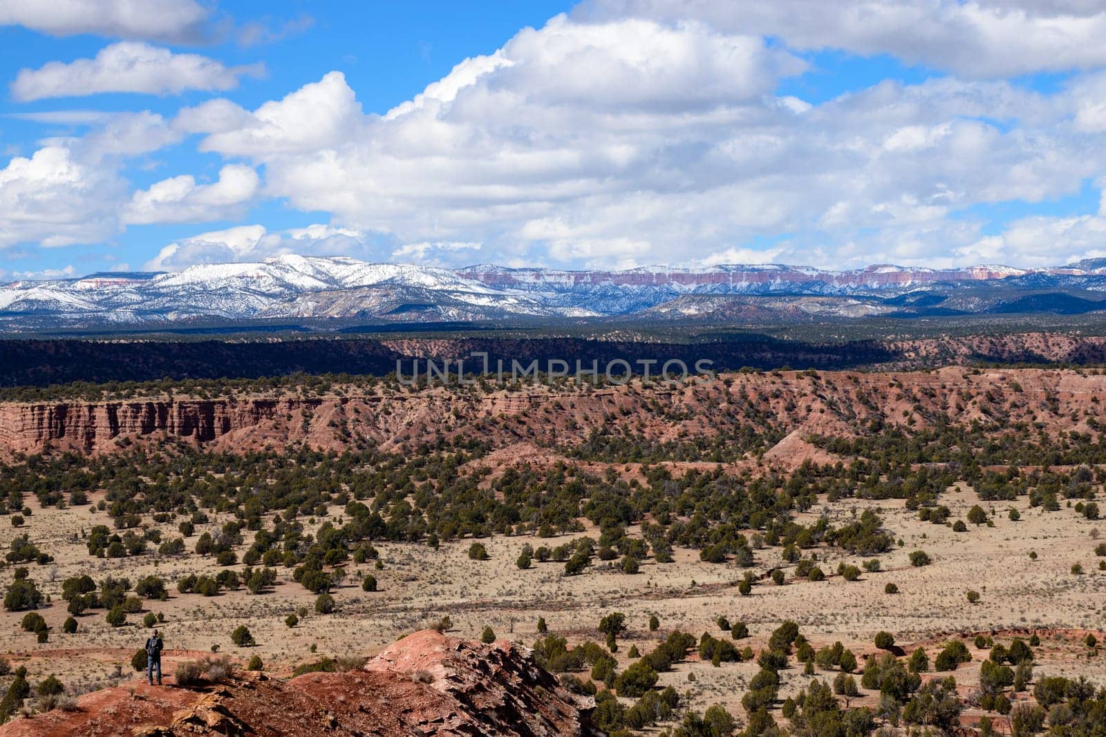 Explore the breathtaking landscape of Utah's Kodachrome Basin State Park, featuring a vast desert terrain with a snowy Bryce Canyon National Park in the background - USA