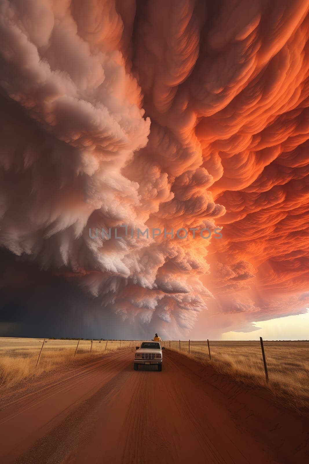 A massive tornado spirals upward in a dramatic sunset sky.