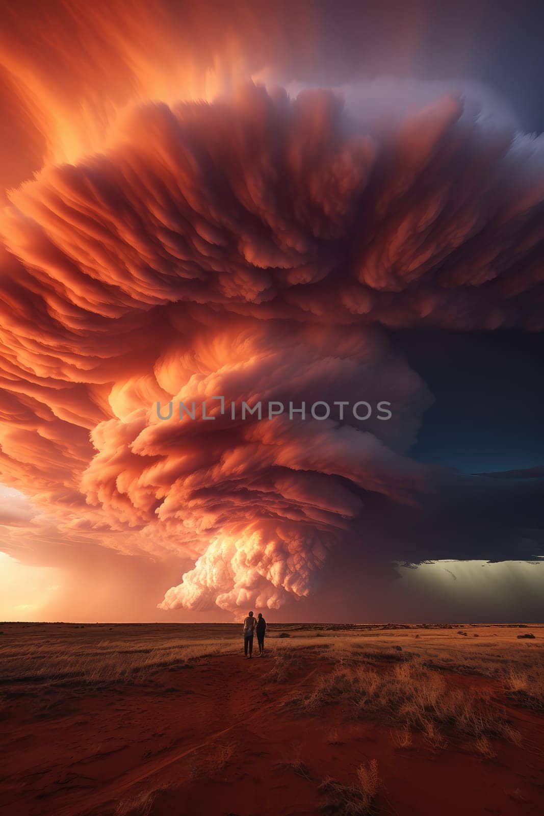 A massive tornado spirals upward in a dramatic sunset sky.