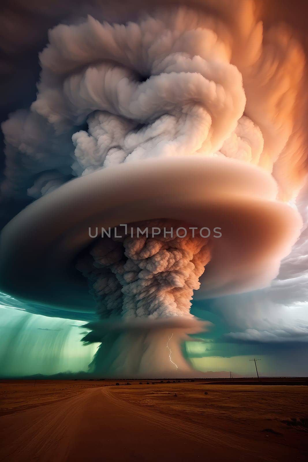 A massive tornado spirals upward in a dramatic sunset sky.