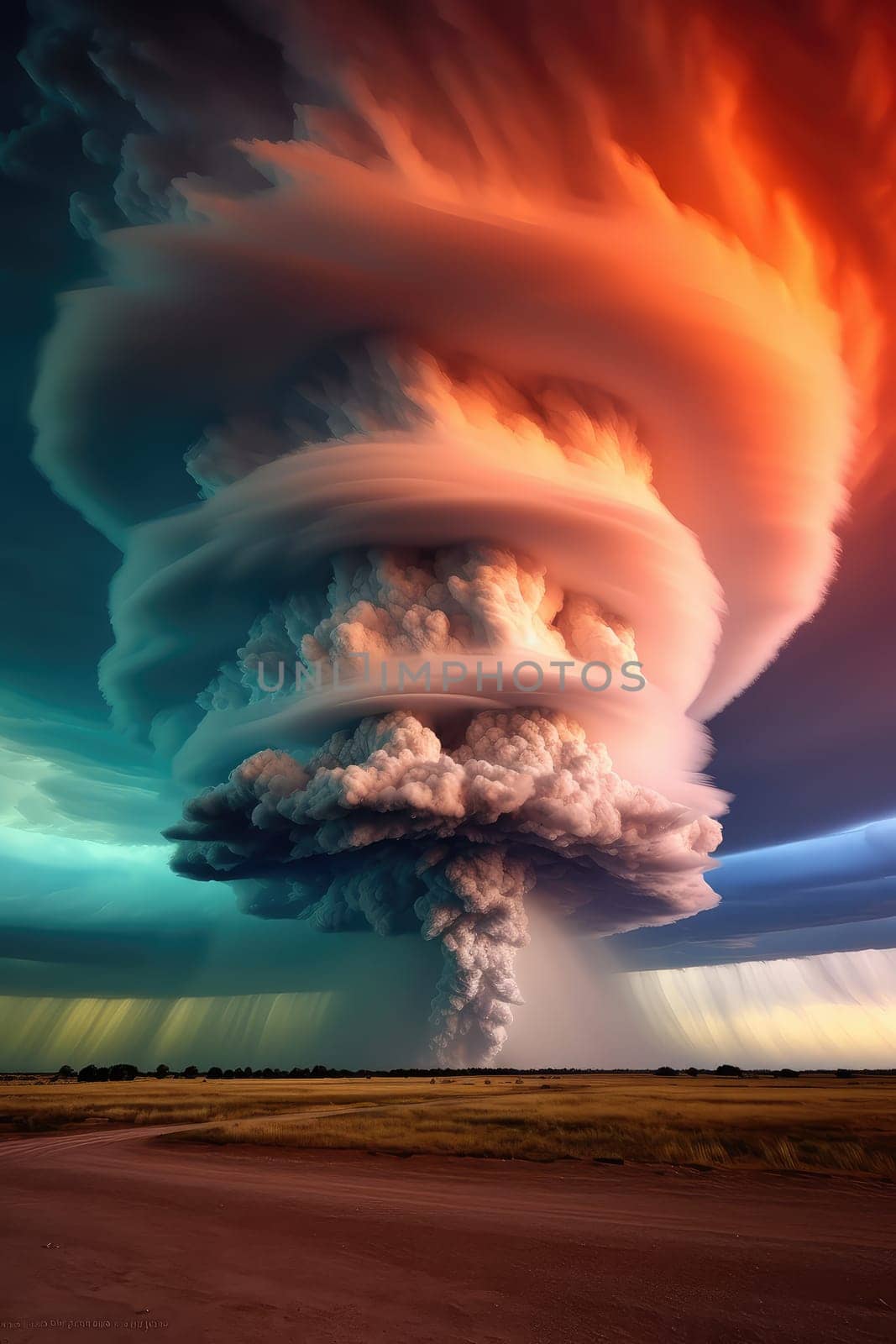 A massive tornado spirals upward in a dramatic sunset sky.
