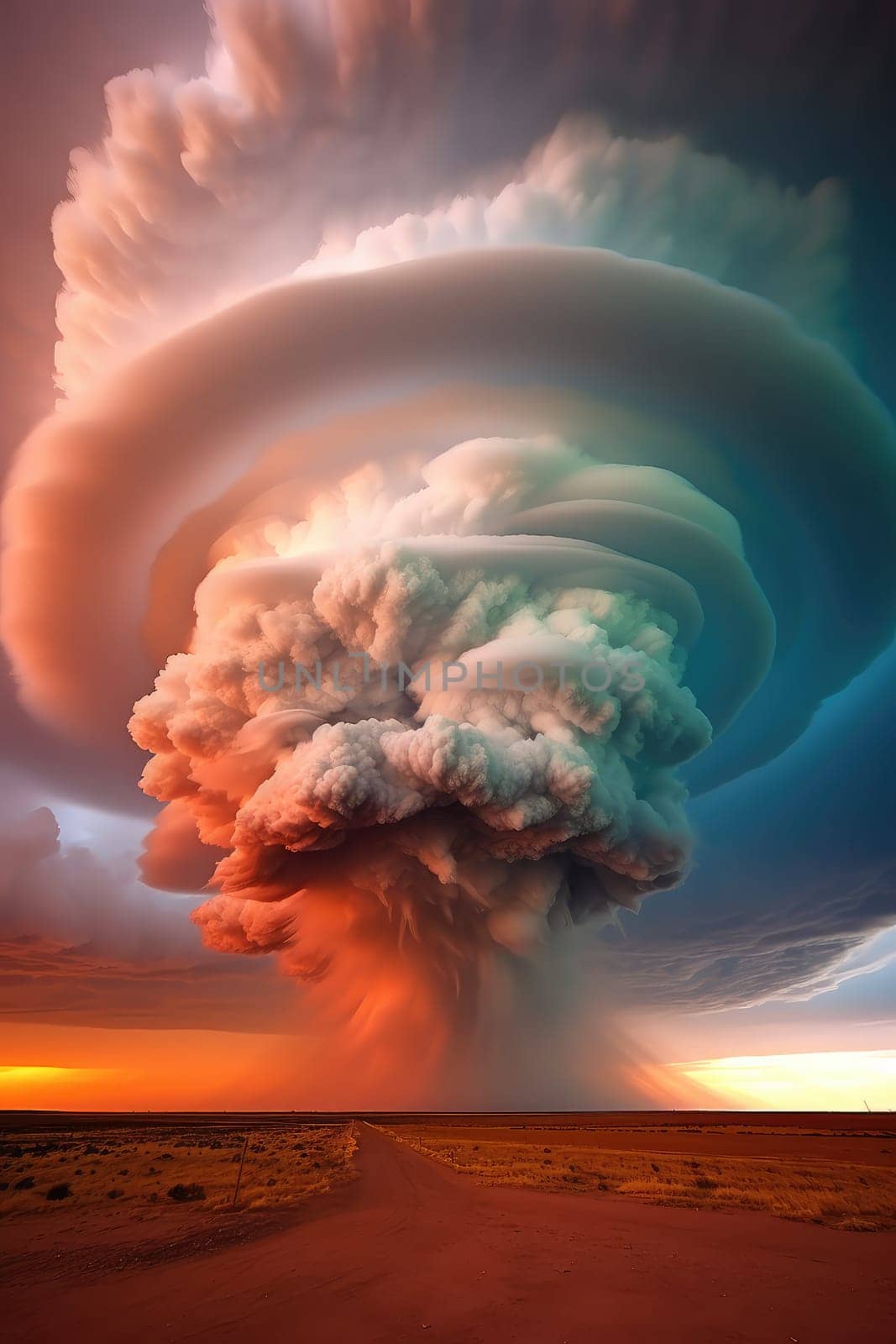 A massive tornado spirals upward in a dramatic sunset sky.
