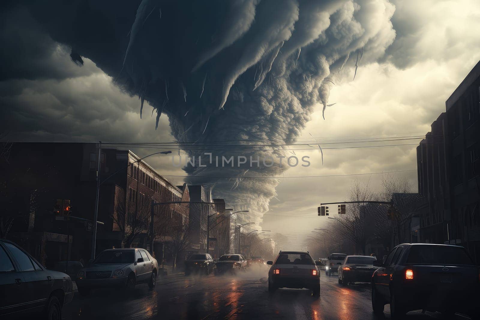 A massive tornado spirals upward in a dramatic sunset sky.